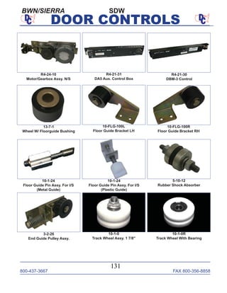 800-437-3667 FAX 800-356-8858
131
DOOR CONTROLS
10-1-24
Floor Guide Pin Assy. For I/S
(Plastic Guide)
BWN/SIERRA
R4-21-30
DBM-3 Control
R4-21-31
DA5 Aux. Control Box
10-1-0
Track Wheel Assy. 1 7/8"
10-1-0R
Track Wheel With Bearing
3-2-26
End Guide Pulley Assy.
R4-24-10
Motor/Gearbox Assy. N/S
10-FLG-100R
Floor Guide Bracket RH
10-FLG-100L
Floor Guide Bracket LH
13-7-1
Wheel W/ Floorguide Bushing
10-1-24
Floor Guide Pin Assy. For I/S
(Metal Guide)
5-10-12
Rubber Shock Absorber
SDW
 