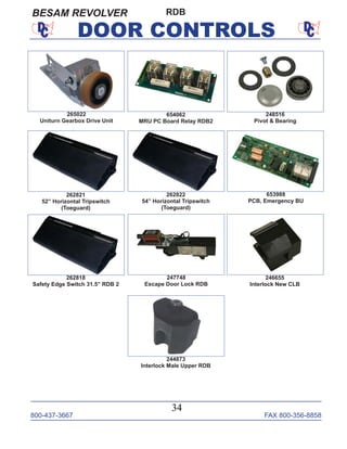 800-437-3667 FAX 800-356-8858
34
DOOR CONTROLS
247748
Escape Door Lock RDB
262818
Safety Edge Switch 31.5” RDB 2
262821
52” Horizontal Tripswitch
(Toeguard)
262822
54” Horizontal Tripswitch
(Toeguard)
653988
PCB, Emergency BU
244873
Interlock Male Upper RDB
654062
MRU PC Board Relay RDB2
246655
Interlock New CLB
265022
Uniturn Gearbox Drive Unit
248516
Pivot & Bearing
BESAM REVOLVER RDB
 