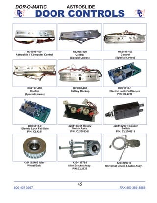 800-437-3667 FAX 800-356-8858
45
DOOR CONTROLS
ASTROSLIDEDOR-O-MATIC
DC75010-2
Electric Lock Fail Safe
P/N: CL4251
DC75010-1
Electric Lock Fail Secure
P/N: CL4250
R62198-400
Control
(Special-Lowes)
R70598-400
Astroslide II Computer Control
R76100-400
Battery Backup
R62197-400
Control
(Special-Lowes)
R62098-400
Control
(Special-Lowes)
4204115460 Idler
Wheel/Belt
4204115784
Idler Bracket Assy.
P/N: CL2523
4204103765 Rotary
Switch Assy.
P/N: CL2001301
4204102971 Breaker
Switch
P/N: CL2001218
4204100313
Universal Chain & Cable Assy.
 