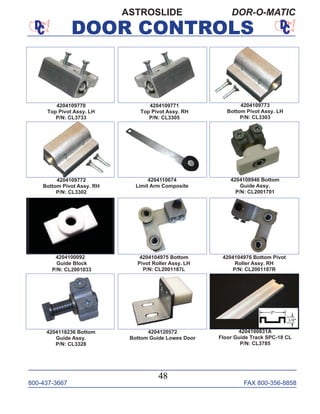 800-437-3667 FAX 800-356-8858
DOOR CONTROLS
800-437-3667 FAX 800-356-8858
48
DOOR CONTROLS
ASTROSLIDE DOR-O-MATIC
4204100831A
Floor Guide Track SPC-18 CL
P/N: CL3785
4204120572
Bottom Guide Lowes Door
4204100092
Guide Block
P/N: CL2001033
4204104976 Bottom Pivot
Roller Assy. RH
P/N: CL2001187R
4204104975 Bottom
Pivot Roller Assy. LH
P/N: CL2001187L
4204118236 Bottom
Guide Assy.
P/N: CL3328
4204108946 Bottom
Guide Assy.
P/N: CL2001701
4204110674
Limit Arm Composite
4204109773
Bottom Pivot Assy. LH
P/N: CL3303
4204109772
Bottom Pivot Assy. RH
P/N: CL3302
4204109771
Top Pivot Assy. RH
P/N: CL3305
4204109770
Top Pivot Assy. LH
P/N: CL3733
 