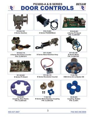800-437-3667 FAX 800-356-8858
DOOR CONTROLS
800-437-3667 FAX 800-356-8858
DOOR CONTROLS
R10-02-001
A Series PC Board
P/N: CL2001067
R10-02-110
A Series Revolution Counter
P/N: CL2001074
R10-04-105
A Series Gearbox
R10-15-001
A Series PG3000/Motor
R11-02-100
B Series Motor
P/N: CL2001247
R11-15-001
B Series Motor/Gearbox Assy
R11-02-110
B Series Revolution Counter
R11-02-001
B Series PC Board
11-04-180
EMA Drive Arm w/Spider AB
10-20-001
Coupling, Blue Plastic
P/N: CL2001225
11-04-185
B Series Motor/Gearbox Coupling
P/N: CL2001226
20-20-203
Coupling, Rubber
P/N: CL3051
BESAMPG3000-A & B SERIES
5
 