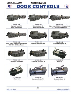 800-437-3667 FAX 800-356-8858
53
DOOR CONTROLS
ASTROSWINGDOR-O-MATIC
R81001-401
Operator Assy RH
Non-Computerized
R81001-402
Operator Assy LH
Non-Computerized
R81002-401
Oper. Assy RH Micro-Computerized
DC81002-401 (New Motor)
R81002-402
Oper. Assy LH Micro-Computerized
DC81002-402 (New Motor)
R81560-402
Computer Motor LH
R81560-401
Computer Motor RH
R81008-401
Gearbox-Noncomp. RH
R81008-402
Gearbox-Noncomp. LH
R81080-401
Computer Gearbox RH
R81080-402
Computer Gearbox LH
DC81560-401
Motor RH
DC81560-402
Motor LH
 