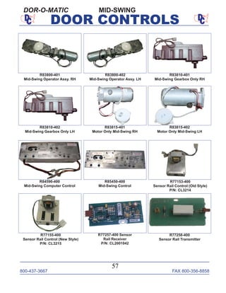 800-437-3667 FAX 800-356-8858
57
DOOR CONTROLS
MID-SWINGDOR-O-MATIC
R83815-401
Motor Only Mid-Swing RH
R83815-402
Motor Only Mid-Swing LH
R83800-401
Mid-Swing Operator Assy. RH
R83800-402
Mid-Swing Operator Assy. LH
R83810-401
Mid-Swing Gearbox Only RH
R83810-402
Mid-Swing Gearbox Only LH
R84590-400
Mid-Swing Computer Control
R85450-400
Mid-Swing Control
R77155-400
Sensor Rail Control (New Style)
P/N: CL3215
R77257-400 Sensor
Rail Receiver
P/N: CL2001042
R77153-400
Sensor Rail Control (Old Style)
P/N: CL3214
R77258-400
Sensor Rail Transmitter
 