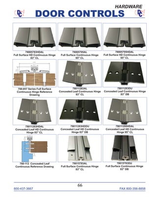 800-437-3667 FAX 800-356-8858
DOOR CONTROLS
800-437-3667 FAX 800-356-8858
66
DOOR CONTROLS
HARDWARE
78011283AL
Concealed Leaf Continuous Hinge
83" CL
78005783HDAL
Full Surface HD Continuous Hinge
83" CL
78005795AL
Full Surface Continuous Hinge
95" CL
78005795HDAL
Full Surface HD Continuous Hinge
95" CL
78011283DU
Concealed Leaf Continuous Hinge
83" DB
78011283HDAL
Concealed Leaf HD Continuous
Hinge 83" CL
78011283HDDU
Concealed Leaf HD Continuous
Hinge 83" DB
78011295HDAL
Concealed Leaf HD Continuous
Hinge 95" CL
78015783AL
Full Surface Continuous Hinge
83" CL
78015783DU
Full Surface Continuous Hinge
83" DB
780-112 Concealed Leaf
Continuous Reference Drawing
780-057 Series Full Surface
Continuous Hinge Reference
Drawing
 