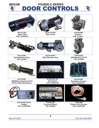 800-437-3667 FAX 800-356-8858
8
DOOR CONTROLS
R14-02-006
Revolution Counter
P/N: CL2001072
R14-02-003 Power
Supply
P/N: CL2001408
R19-02-022
Connector Board
P/N: CR4086
R18-02-001 PC
Board/CUA
P/N: CL2001708
R19-15-001
Motor/Gearbox Assy
P/N: CL2053
R18-15-106
Motor Only
P/N: CL2001071
18-02-005
Ribbon Cord Harness
P/N: CL2001360
DC18-15-106
Motor Only
R18-15-001
4050/Motor Gearbox E-Z Fit
DC18-15-001 (New Motor)
R19-05-005
Gearbox
P/N: CL2516
R18-05-001
4050/Gearbox E-Z Fit
P/N: CL3068
DC19-15-001
Motor/Gearbox Assy
PG4000-C SERIESBESAM
 