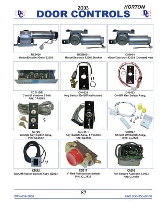 800-437-3667 FAX 800-356-8858
DOOR CONTROLS
800-437-3667 FAX 800-356-8858
82
DOOR CONTROLS
RC5600-1
Motor/Gearbox S2003 Dunker
RC5600
Motor/Encoder/Gear S2003
C0902-1
SX Cut Off Switch Assy.
P/N: CL2128
C3725
Double Key Switch Assy.
P/N: CL2567
C5600-1
Motor/Gearbox S2003 (Dunker) New
C5662
On/Off Rocker Switch Assy. S2003
C5656
Fail Secure Autolock S2003
P/N: CL4069
C3725-1
Key Switch Assy. 4 Position
P/N: CL2564
C00529
Key Switch On/Off Maintained
C00523
On-Off Key Switch Assy.
2003
C0517
1" Red Pushbutton Switch
P/N: CL3435
RC2150B
Control Version 2 Belt
P/N: CR4045
HORTON
 