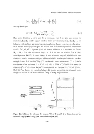 Chapitre 2 – Définitions et réactions importantes
- 14 -
⎟⎟
⎠
⎞
⎜⎜
⎝
⎛
−⎟⎟
⎠
⎞
⎜⎜
⎝
⎛
≅〉〈
Tk
E
Tk
v
B
R
B
R exp)(
2 2
2/3
ωγ
µ
π
σ h , (2.10)
avec ωγ définie par:
tot
fi
II
J
Γ
ΓΓ
++
+
+=
)12)(12(
)12(
)1(
21
12δωγ . (2.11)
Dans cette définition, J est le spin de la résonance, 1I et 2I les spins des noyaux en
interaction, iΓ et fΓ sont les largeurs initiale et finale, respectivement, et ...+Γ+Γ=Γ fitot
est
la largeur totale de l’état, qui tient compte éventuellement d’autres voies ouvertes. Le spin J
est le résultat du couplage des spins des noyaux avec le moment angulaire du mouvement
relatif : .21 l
rrrr
++= IIJ L’équation (2.10) est valable seulement si la résonance est étroite
( 0Etot ∆<<Γ ). Pour des résonances larges, le calcul du taux de réaction doit se faire
numériquement [Des03]. A basse énergie, le taux résonnant dépend principalement des
résonances avec les moments cinétiques orbitaux relatifs les plus bas, généralement l = 0. Par
exemple, le taux de la réaction 13
N(p,γ)14
O est dominé à basses températures (T9 < 1) par la
contribution d’une résonance Jπ
= 1−
(l = 0) à ER = 528.4 keV [Ang99]. Par contre, la
résonance Jπ
= 1+
(l = 1) de 7
Be(p,γ)8
B est négligeable aux énergies E < 300 keV [Des94,
Des04b]. Pour illustrer ces exemples, la figure 2.2 montre les schémas des niveaux à basse
énergie des noyaux 14
O et 8
B avec les seuils 13
N+p et 7
Be+p, respectivement.
Figure 2.2: Schémas des niveaux des noyaux 14O et 8B relatifs à la discussion sur les
réactions 13N(p,γ)14O et 7Be(p,γ)8B, respectivement [TUN06].
 