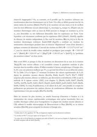 Chapitre 2 – Définitions et réactions importantes
- 23 -
étaient-ils inappropriés ? Ou, au contraire, est-il possible que les neutrinos subissent une
transformation dans leur cheminement vers la Terre ? En effet, ce déficit pourrait être lié à la
nature même du neutrino [Mak62, Pon57]: (i) les neutrinos ont une masse et (ii) ils oscillent
entre les trois différentes saveurs (électronique νe, muonique νµ, tauique ντ). D’après cela, les
neutrinos électroniques créés au cœur du Soleil peuvent se changer en neutrinos νµ et/ou
ντ , non détectables ou très faiblement détectables dans les expériences sur Terre. Cette
hypothèse a été récemment confirmée par les expériences SNO [Ahm01, Ahm02], capables
de détecter, de manière indépendante, le flux total de neutrinos, Φ(νe+νm+ντ) et le flux de
neutrinos électroniques isolément. KamLAND [Egu03] a confirmé ces résultats: les
antineutrinos électroniques produits dans un réacteur ‘‘disparaissent’’ avant d’être détectés à
quelques centaines de kilomètres. L’accord des résultats de SNO, Φ = 5.5 (1±7%)×106
cm-2
s-1
, avec les calculs du modèle solaire standard est prodigieux (par exemple: Φ = 5.05×106
cm-2
s-1
[Bah01], Φ = 5.20×106
cm-2
s-1
[Deg97], Φ = 5.30×106
cm-2
s-1
[Sch97]). Le ‘‘problème
des neutrinos solaires’’ est donc résolu.
Mais avant SNO, et puisque le flux de neutrinos est directement lié au taux de la réaction
7
Be(p,γ)8
B, cette section efficace a été considérée comme le paramètre nucléaire le plus
incertain dans les modèles solaires. Il fallait connaître le facteur astrophysique à l’énergie zéro,
S17(0)5
, avec une précision meilleure que 5%, ce qui était loin d’être le cas au début des années
90. La Table 2.4 et la figure 2.7 montrent l’évolution des valeurs expérimentales de S17(0)
depuis les premières mesures directes [Kav60a, Par66, Kav69, Vau70, Wie77, Fil83]6
jusqu’aux plus récentes, directes ou indirectes, par dissociation coulombienne (CD) ou par la
méthode de la capture externe (ANC) (voir chapitre 3), [Mot94, Liu96, Kik97, Ham98,
Azh99a, Azh99b, Iwa99, Azh01, Dav01, Ham01, Jun02, Bab03, Jun03, Sch03, Tra03, Das06,
Sch06, Tab06]. Au total, 24 publications, et 22 valeurs de S17(0)!7
, sans prendre en compte les
publications qui présentent des analyses diverses de combinaisons différentes des résultats
expérimentaux (voir, par exemple, [Dav03a, Sno04]).
Dans les mesures les plus récentes, on attache beaucoup d’attention à l’analyse et à la
minimisation des erreurs expérimentales systématiques ainsi qu’aux incertitudes liées aux
modèles théoriques utilisés pour l’extrapolation. La plupart des résultats récents (directes et
CD) utilisent le modèle microscopique de Descouvemont et Baye [Des94], ou sa version
actualisée [Des04b], pour extrapoler les données à l’énergie zéro.
5 L’indice dans S17(0), signifiant 1H+7Be, est largement employé par les physiciens nucléaires.
6 Le résultat de Wie77 n’est pas repris sur les figures 2.7 et 2.8.
7 La valeur de S17(0) de Ham98 est remplacée par celle de Ham01 (voir aussi au chapitre 4). Également, la valeur
de Sch06 remplace celle de Sch03 [Sue06].
 