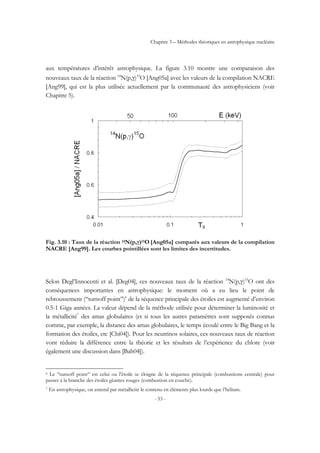 Chapitre 3 – Méthodes théoriques en astrophysique nucléaire
- 53 -
aux températures d’intérêt astrophysique. La figure 3.10 montre une comparaison des
nouveaux taux de la réaction 14
N(p,γ)15
O [Ang05a] avec les valeurs de la compilation NACRE
[Ang99], qui est la plus utilisée actuellement par la communauté des astrophysiciens (voir
Chapitre 5).
Fig. 3.10 : Taux de la réaction 14N(p,γ)15O [Ang05a] comparés aux valeurs de la compilation
NACRE [Ang99]. Les courbes pointillées sont les limites des incertitudes.
Selon Degl’Innocenti et al. [Deg04], ces nouveaux taux de la réaction 14
N(p,γ)15
O ont des
conséquences importantes en astrophysique: le moment où a eu lieu le point de
rebroussement (‘‘turnoff point’’)6
de la séquence principale des étoiles est augmenté d’environ
0.5-1 Giga années. La valeur dépend de la méthode utilisée pour déterminer la luminosité et
la métallicité7
des amas globulaires (et si tous les autres paramètres sont supposés connus
comme, par exemple, la distance des amas globulaires, le temps écoulé entre le Big Bang et la
formation des étoiles, etc [Chi04]). Pour les neutrinos solaires, ces nouveaux taux de réaction
vont réduire la différence entre la théorie et les résultats de l’expérience du chlore (voir
également une discussion dans [Bah04]).
6 Le ‘‘turnoff point’’ est celui ou l'étoile se éloigne de la séquence principale (combustions centrale) pour
passer à la branche des étoiles géantes rouges (combustion en couche).
7 En astrophysique, on entend par métallicité le contenu en éléments plus lourds que l’hélium.
 