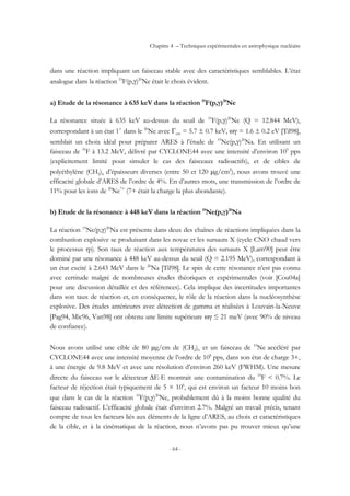 Chapitre 4 – Techniques expérimentales en astrophysique nucléaire
- 64 -
dans une réaction impliquant un faisceau stable avec des caractéristiques semblables. L’état
analogue dans la réaction 19
F(p,γ)20
Ne était le choix évident.
a) Etude de la résonance à 635 keV dans la réaction 19
F(p,γ)20
Ne
La résonance située à 635 keV au-dessus du seuil de 19
F(p,γ)20
Ne (Q = 12.844 MeV),
correspondant à un état 1+
dans le 20
Ne avec Γcm = 5.7 ± 0.7 keV, ωγ = 1.6 ± 0.2 eV [Til98],
semblait un choix idéal pour préparer ARES à l’étude de 19
Ne(p,γ)20
Na. En utilisant un
faisceau de 19
F à 13.2 MeV, délivré par CYCLONE44 avec une intensité d’environ 109
pps
(explicitement limité pour simuler le cas des faisceaux radioactifs), et de cibles de
polyéthylène (CH2)n d’épaisseurs diverses (entre 50 et 120 µg/cm2
), nous avons trouvé une
efficacité globale d’ARES de l’ordre de 4%. En d’autres mots, une transmission de l’ordre de
11% pour les ions de 20
Ne7+
(7+ était la charge la plus abondante).
b) Etude de la résonance à 448 keV dans la réaction 19
Ne(p,γ)20
Na
La réaction 19
Ne(p,γ)20
Na est présente dans deux des chaînes de réactions impliquées dans la
combustion explosive se produisant dans les novae et les sursauts X (cycle CNO chaud vers
le processus rp). Son taux de réaction aux températures des sursauts X [Lam90] peut être
dominé par une résonance à 448 keV au-dessus du seuil (Q = 2.195 MeV), correspondant à
un état excité à 2.643 MeV dans le 20
Na [Til98]. Le spin de cette résonance n’est pas connu
avec certitude malgré de nombreuses études théoriques et expérimentales (voir [Cou04a]
pour une discussion détaillée et des références). Cela implique des incertitudes importantes
dans son taux de réaction et, en conséquence, le rôle de la réaction dans la nucléosynthèse
explosive. Des études antérieures avec détection de gamma et réalisées à Louvain-la-Neuve
[Pag94, Mic96, Van98] ont obtenu une limite supérieure ωγ ≤ 21 meV (avec 90% de niveau
de confiance).
Nous avons utilisé une cible de 80 µg/cm de (CH2)n et un faisceau de 19
Ne accéléré par
CYCLONE44 avec une intensité moyenne de l’ordre de 108
pps, dans son état de charge 3+,
à une énergie de 9.8 MeV et avec une résolution d’environ 260 keV (FWHM). Une mesure
directe du faisceau sur le détecteur ∆E-E montrait une contamination du 19
F < 0.7%. Le
facteur de réjection était typiquement de 5 × 106
, qui est environ un facteur 10 moins bon
que dans le cas de la réaction 19
F(p,γ)20
Ne, probablement dû à la moins bonne qualité du
faisceau radioactif. L’efficacité globale était d’environ 2.7%. Malgré un travail précis, tenant
compte de tous les facteurs liés aux éléments de la ligne d’ARES, au choix et caractéristiques
de la cible, et à la cinématique de la réaction, nous n’avons pas pu trouver mieux qu’une
 