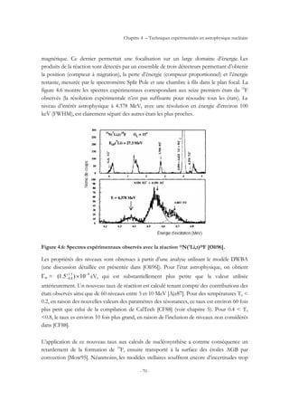 Chapitre 4 – Techniques expérimentales en astrophysique nucléaire
- 70 -
magnétique. Ce dernier permettait une focalisation sur un large domaine d’énergie. Les
produits de la réaction sont détectés par un ensemble de trois détecteurs permettant d’obtenir
la position (compteur à migration), la perte d’énergie (compteur proportionnel) et l’énergie
restante, mesurée par le spectromètre Split Pole et une chambre à fils dans le plan focal. La
figure 4.6 montre les spectres expérimentaux correspondant aux seize premiers états du 19
F
observés (la résolution expérimentale n’est pas suffisante pour résoudre tous les états). Le
niveau d’intérêt astrophysique à 4.378 MeV, avec une résolution en énergie d’environ 100
keV (FWHM), est clairement séparé des autres états les plus proches.
Figure 4.6: Spectres expérimentaux observés avec la réaction 15N(7Li,t)19F [Oli96].
Les propriétés des niveaux sont obtenues à partir d’une analyse utilisant le modèle DWBA
(une discussion détaillée est présentée dans [Oli96]). Pour l’état astrophysique, on obtient
Γα = 95.1
8.0 10)5.1( −+
− × eV, qui est substantiellement plus petite que la valeur utilisée
antérieurement. Un nouveau taux de réaction est calculé tenant compte des contributions des
états observés ainsi que de 60 niveaux entre 5 et 10 MeV [Ajz87]. Pour des températures T9 <
0.2, en raison des nouvelles valeurs des paramètres des résonances, ce taux est environ 60 fois
plus petit que celui de la compilation de CalTech [CF88] (voir chapitre 5). Pour 0.4 < T9
<0.8, le taux es environ 10 fois plus grand, en raison de l’inclusion de niveaux non considérés
dans [CF88].
L’application de ce nouveau taux aux calculs de nucléosynthèse a comme conséquence un
retardement de la formation de 19
F, ensuite transporté à la surface des étoiles AGB par
convection [Mow95]. Néanmoins, les modèles stellaires souffrent encore d’incertitudes trop
 