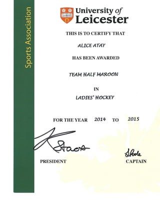 University of Leicester Half Maroons Certificate