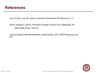 20EDU 501 12122013 © 2013 The National Graduate School of Quality Management
References
Fujii, R. (2013, July 19). Liquids in Cardboard Containers? The Record, pp. 1, 2.
Wood, Douglas C. (2013). Principles of Quality Costs (4th ed.). Milwaukee, WI:
ASQ Quality Press. 138-142.
Lean Six Sigma & Minitab Handbook, Quentin Brook, 2010, OPEX Resources, pg.
241.
 