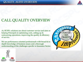 CALL QUALITY OVERVIEW
At, RCSPL solutions are about customer service and aims at
helping Principals in optimizing costs, setting-up &
outsourcing operations, improving the quality & efficiency
of service.
We are performance oriented professionals with broad & in-
depth knowledge of business issues and a thorough
understanding of the challenges specific to Insurance Sector.
QUALITY AUDIT OVERVIEW
 