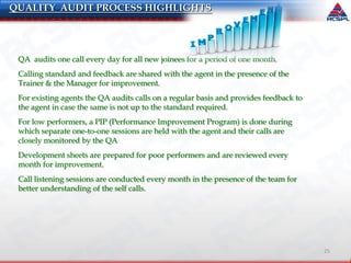 25
QA audits one call every day for all new joinees for a period of one month.
Calling standard and feedback are shared with the agent in the presence of the
Trainer & the Manager for improvement.
For existing agents the QA audits calls on a regular basis and provides feedback to
the agent in case the same is not up to the standard required.
For low performers, a PIP (Performance Improvement Program) is done during
which separate one-to-one sessions are held with the agent and their calls are
closely monitored by the QA
Development sheets are prepared for poor performers and are reviewed every
month for improvement.
Call listening sessions are conducted every month in the presence of the team for
better understanding of the self calls.
QUALITY AUDIT PROCESS HIGHLIGHTS
 