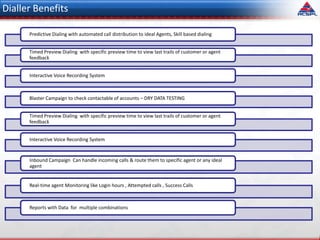 Predictive Dialing with automated call distribution to ideal Agents, Skill based dialing
Timed Preview Dialing with specific preview time to view last trails of customer or agent
feedback
Interactive Voice Recording System
Blaster Campaign to check contactable of accounts – DRY DATA TESTING
Timed Preview Dialing with specific preview time to view last trails of customer or agent
feedback
Interactive Voice Recording System
Inbound Campaign Can handle incoming calls & route them to specific agent or any ideal
agent
Real-time agent Monitoring like Login hours , Attempted calls , Success Calls
Reports with Data for multiple combinations
Dialler Benefits
 