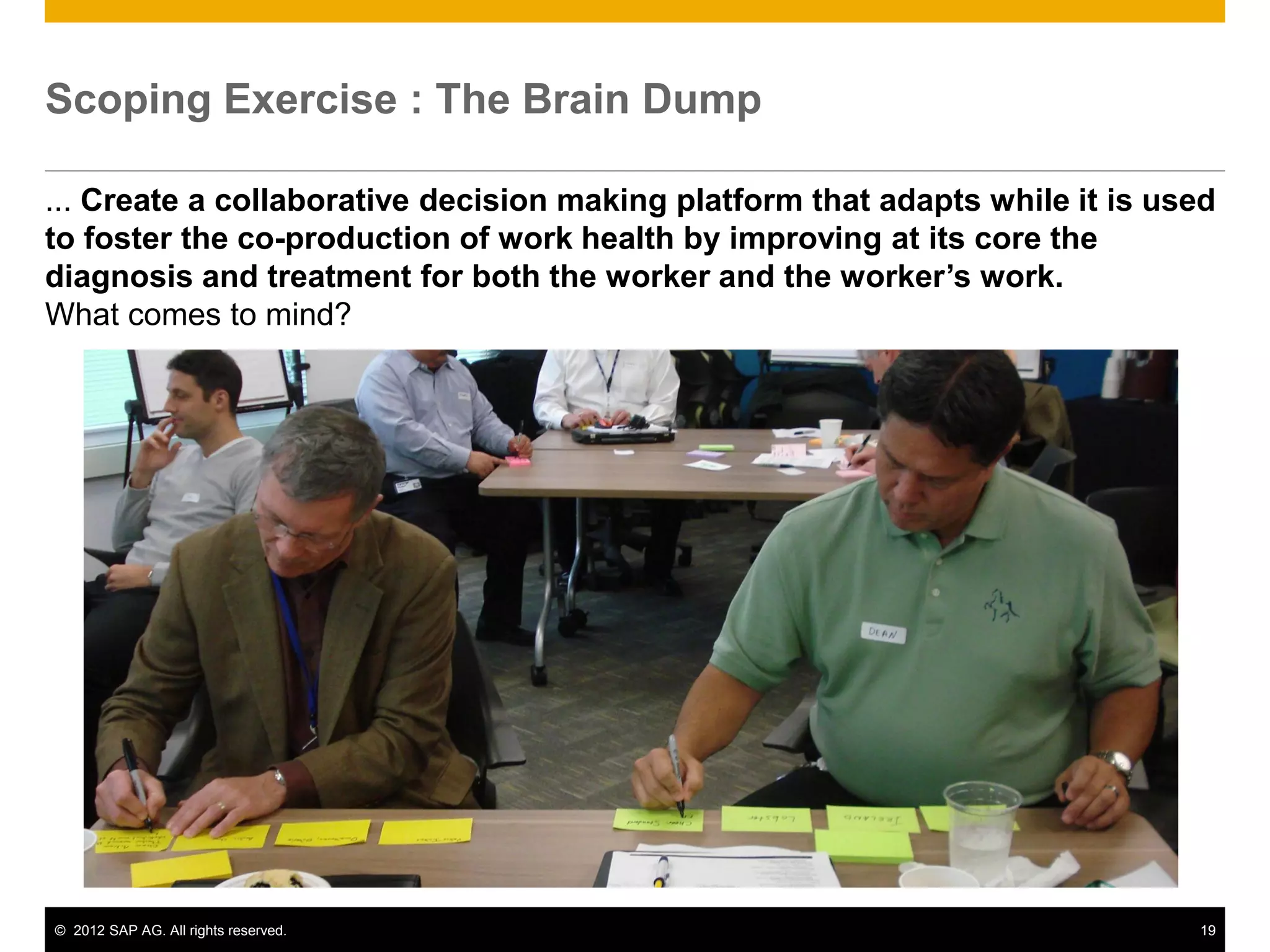© 2012 SAP AG. All rights reserved. 19
Scoping Exercise : The Brain Dump
... Create a collaborative decision making platform that adapts while it is used
to foster the co-production of work health by improving at its core the
diagnosis and treatment for both the worker and the worker’s work.
What comes to mind?
 