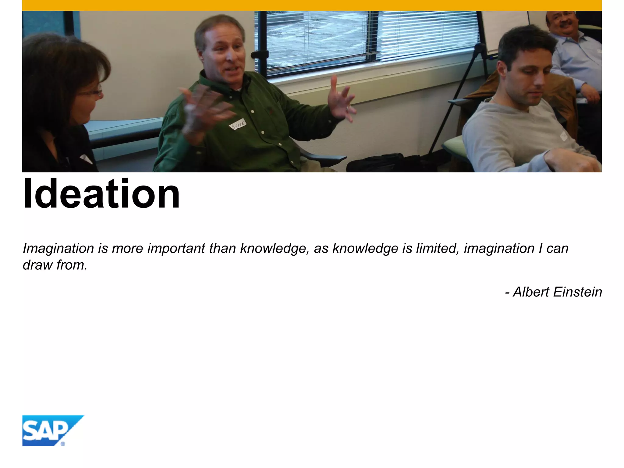 Ideation
Imagination is more important than knowledge, as knowledge is limited, imagination I can
draw from.
- Albert Einstein
 
