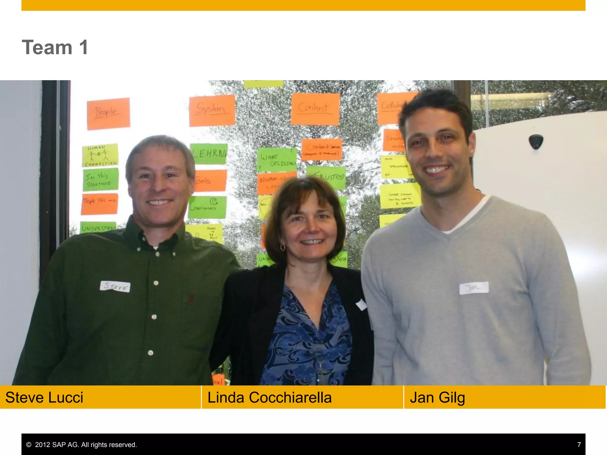 © 2012 SAP AG. All rights reserved. 7
Team 1
Steve Lucci Linda Cocchiarella Jan Gilg
 