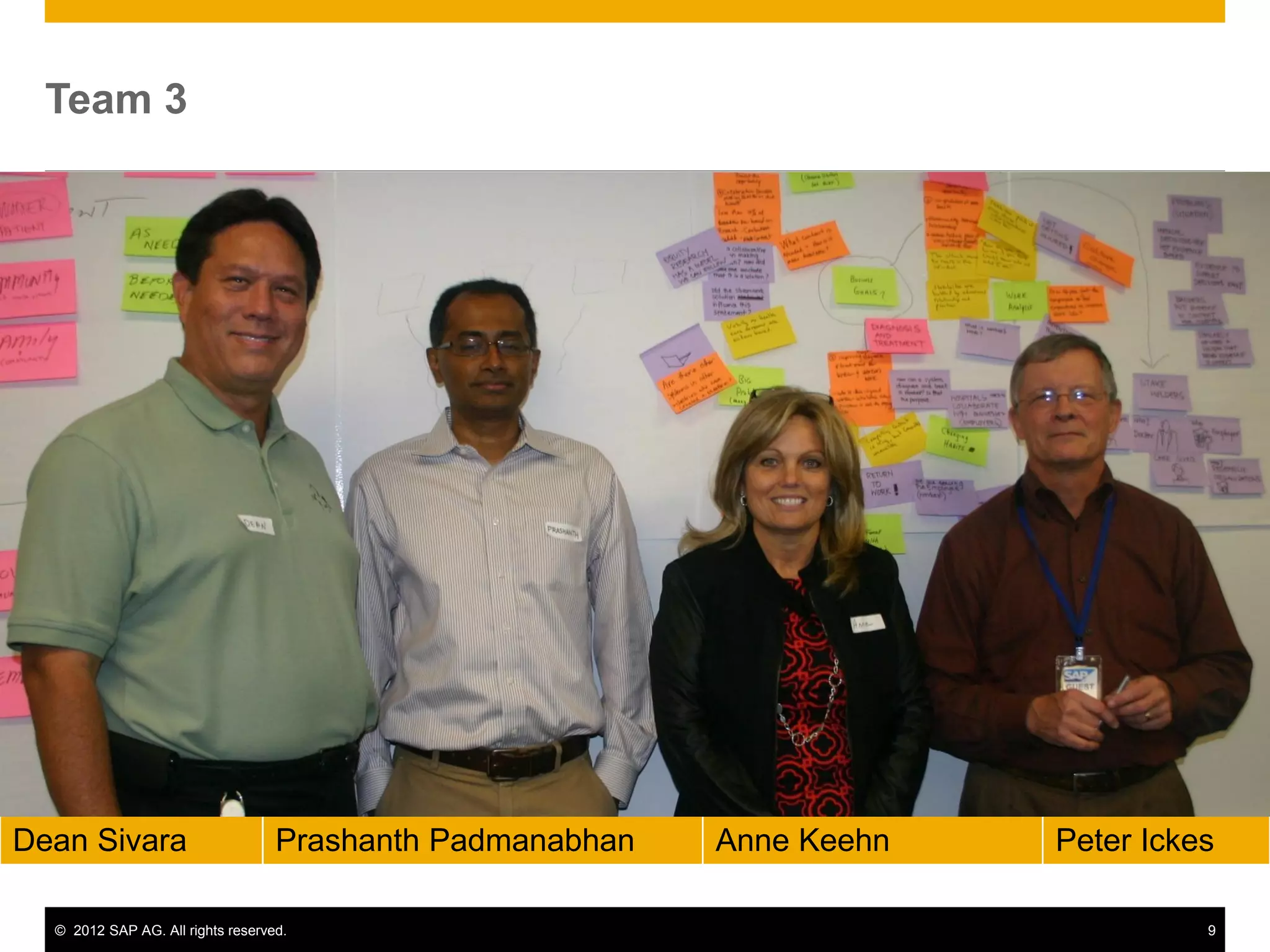 © 2012 SAP AG. All rights reserved. 9
Team 3
Dean Sivara Prashanth Padmanabhan Anne Keehn Peter Ickes
 
