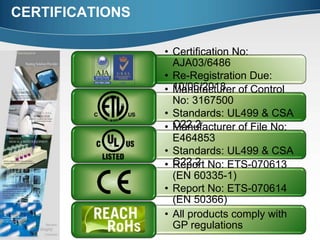 CERTIFICATIONS
• Certification No:
AJA03/6486
• Re-Registration Due:
10/06/2018• Manufacturer of Control
No: 3167500
• Standards: UL499 & CSA
C22.2• Manufacturer of File No:
E464853
• Standards: UL499 & CSA
C22.2• Report No: ETS-070613
(EN 60335-1)
• Report No: ETS-070614
(EN 50366)
• All products comply with
GP regulations
 