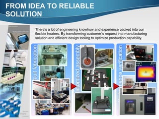 FROM IDEA TO RELIABLE
SOLUTION
Circuitfabrication
Customizedassembly
Performanceverification
There’s a lot of engineering knowhow and experience packed into our
flexible heaters. By transforming customer’s request into manufacturing
solution and efficient design tooling to optimize production capability.
 