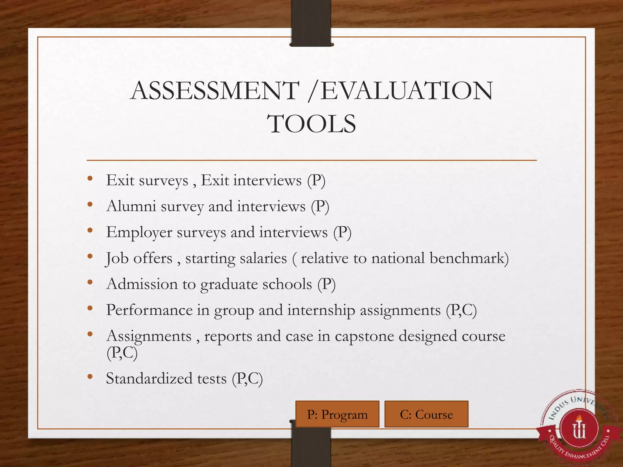 ASSESSMENT /EVALUATION
TOOLS
• Exit surveys , Exit interviews (P)
• Alumni survey and interviews (P)
• Employer surveys and interviews (P)
• Job offers , starting salaries ( relative to national benchmark)
• Admission to graduate schools (P)
• Performance in group and internship assignments (P,C)
• Assignments , reports and case in capstone designed course
(P,C)
• Standardized tests (P,C)
P: Program C: Course
 
