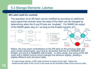 10
5.3 Storage Elements: Latches
The operation of an SR latch can be modified by providing an additional
input signal that controls when the state of the latch can be changed by
determining when the S and R lines are “enabled”. For NAND the output
of the NAND gates stay at 1 as long as the Enable remains at 0.
Notice, this may seem contradictory to the SR latch on the previous slide, but
upon careful examination, you have to remember that the S is NANDED with
Enable, and the R is NANDED with Enable. In other words, the wiring of the SR
Latch with a NAND control circuit changes the behavior slightly, yielding a
slightly different truth (function) table.
SR Latch (with En control)
To make things clearer, a QQ’ state machine is shown to the right. Notice the
indeterminate state of this circuit is the same as the forbidden state of the previous slide.
01
11
10
En = 1,
S=1, R=0
En=1
S=0, R=1
En = 1,
S=1, R=1
forbidden
En = 1,
S=1, R=1
forbidden
En=0
S=X, R=X
En=0
S=X, R=X
set state
reset state
 