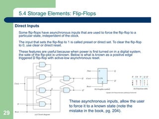 29
5.4 Storage Elements: Flip-Flops
Direct Inputs
Some flip-flops have asynchronous inputs that are used to force the flip-flop to a
particular state, independent of the clock.
The input that sets the flip-flop to 1 is called preset or direct set. To clear the flip-flop
to 0, use clear or direct reset.
These features are useful because when power is first turned on in a digital system,
the sate of the flip-plot is unknown. Below is what is known as a positive edge
triggered D flip-flop with active-low asynchronous reset.
These asynchronous inputs, allow the user
to force it to a known state (note the
mistake in the book, pg. 204).
 