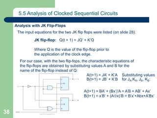 38
5.5 Analysis of Clocked Sequential Circuits
Analysis with JK Flip-Flops
The input equations for the two JK flip flops were listed (on slide 28).
JK flip-flop: Q(t + 1) = JQ’ + K’Q
Where Q is the value of the flip-flop prior to
the application of the clock edge.
For our case, with the two flip-fops, the characteristic equations of
the flip-flops are obtained by substituting values A and B for the
name of the flip-flop instead of Q:
A(t+1) = JA’ + K’A
B(t+1) = JB’ + K’B
Substituting values
for JA,KA, JB, KB:
A(t+1) = BA’ + (Bx’)’A = A’B + AB’ + Ax’
B(t+1) = x’B’ + (Ax)’B = B’x’+Abx+A’Bx’
 