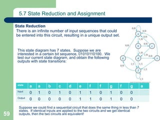 59
5.7 State Reduction and Assignment
There is an infinite number of input sequences that could
be entered into this circuit, resulting in a unique output set.
State Reduction
This state diagram has 7 states. Suppose we are
interested in a certain bit sequence, 01010110100. We
test our current state diagram, and obtain the following
outputs with state transitions:
Suppose we could find a sequential circuit that does the same thing in less than 7
states. If identical inputs are applied to the two circuits and we get identical
outputs, then the two circuits are equivalent!
state
a a b c d e f f g f g a
Input
0 1 0 1 0 1 1 0 1 0 0
Output
0 0 0 0 0 1 1 0 1 0 0
 