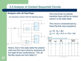 37
5.5 Analysis of Clocked Sequential Circuits
Analysis with JK Flip-Flops
An example is shown with the following setup:
The circuit has no outputs,
therefore there will be no output
column in the state table.
The circuit is characterized by
these flip-flop input equations:
JA = B KA = Bx’
JB = x’ KB = A  x = A’x + Ax’
Notice, that in the state table the present
state and the input columns represent all
the eight binary combinations. The JK
flip-flop inputs are from table 5.1
 