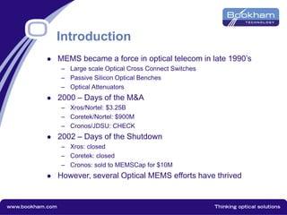 Introduction
 MEMS became a force in optical telecom in late 1990’s
– Large scale Optical Cross Connect Switches
– Passive Silicon Optical Benches
– Optical Attenuators
 2000 – Days of the M&A
– Xros/Nortel: $3.25B
– Coretek/Nortel: $900M
– Cronos/JDSU: CHECK
 2002 – Days of the Shutdown
– Xros: closed
– Coretek: closed
– Cronos: sold to MEMSCap for $10M
 However, several Optical MEMS efforts have thrived
 