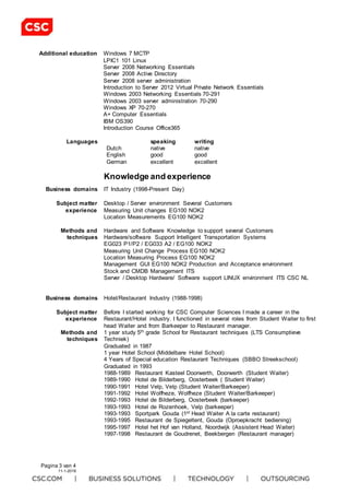 Pagina 3 van 4
11-1-2016
Additional education Windows 7 MCTP
LPIC1 101 Linux
Server 2008 Networking Essentials
Server 2008 Active Directory
Server 2008 server administration
Introduction to Server 2012 Virtual Private Network Essentials
Windows 2003 Networking Essentials 70-291
Windows 2003 server administration 70-290
Windows XP 70-270
A+ Computer Essentials
IBM OS390
Introduction Course Office365
Languages speaking writing
Dutch native native
English good good
German excellent excellent
Knowledge and experience
Business domains IT Industry (1998-Present Day)
Subject matter
experience
Desktop / Server environment Several Customers
Measuring Unit changes EG100 NOK2
Location Measurements EG100 NOK2
Methods and
techniques
Hardware and Software Knowledge to support several Customers
Hardware/software Support Intelligent Transportation Systems
EG023 P1/P2 / EG033 A2 / EG100 NOK2
Measuring Unit Change Process EG100 NOK2
Location Measuring Process EG100 NOK2
Management GUI EG100 NOK2 Production and Acceptance environment
Stock and CMDB Management ITS
Server / Desktop Hardware/ Software support LINUX environment ITS CSC NL
Business domains Hotel/Restaurant Industry (1988-1998)
Subject matter
experience
Before I started working for CSC Computer Sciences I made a career in the
Restaurant/Hotel industry. I functioned in several roles from Student Waiter to first
head Waiter and from Barkeeper to Restaurant manager.
Methods and
techniques
1 year study 5th grade School for Restaurant techniques (LTS Consumptieve
Techniek)
Graduated in 1987
1 year Hotel School (Middelbare Hotel School)
4 Years of Special education Restaurant Techniques (SBBO Streekschool)
Graduated in 1993
1988-1989 Restaurant Kasteel Doorwerth, Doorwerth (Student Waiter)
1989-1990 Hotel de Bilderberg, Oosterbeek ( Student Waiter)
1990-1991 Hotel Velp, Velp (Student Waiter/Barkeeper)
1991-1992 Hotel Wolfheze, Wolfheze (Student Waiter/Barkeeper)
1992-1993 Hotel de Bilderberg, Oosterbeek (barkeeper)
1993-1993 Hotel de Rozenhoek, Velp (barkeeper)
1993-1993 Sportpark Gouda (1st Head Waiter A la carte restaurant)
1993-1995 Restaurant de Spiegeltent, Gouda (Oproepkracht bediening)
1995-1997 Hotel het Hof van Holland, Noordwijk (Assistent Head Waiter)
1997-1998 Restaurant de Goudrenet, Beekbergen (Restaurant manager)
 