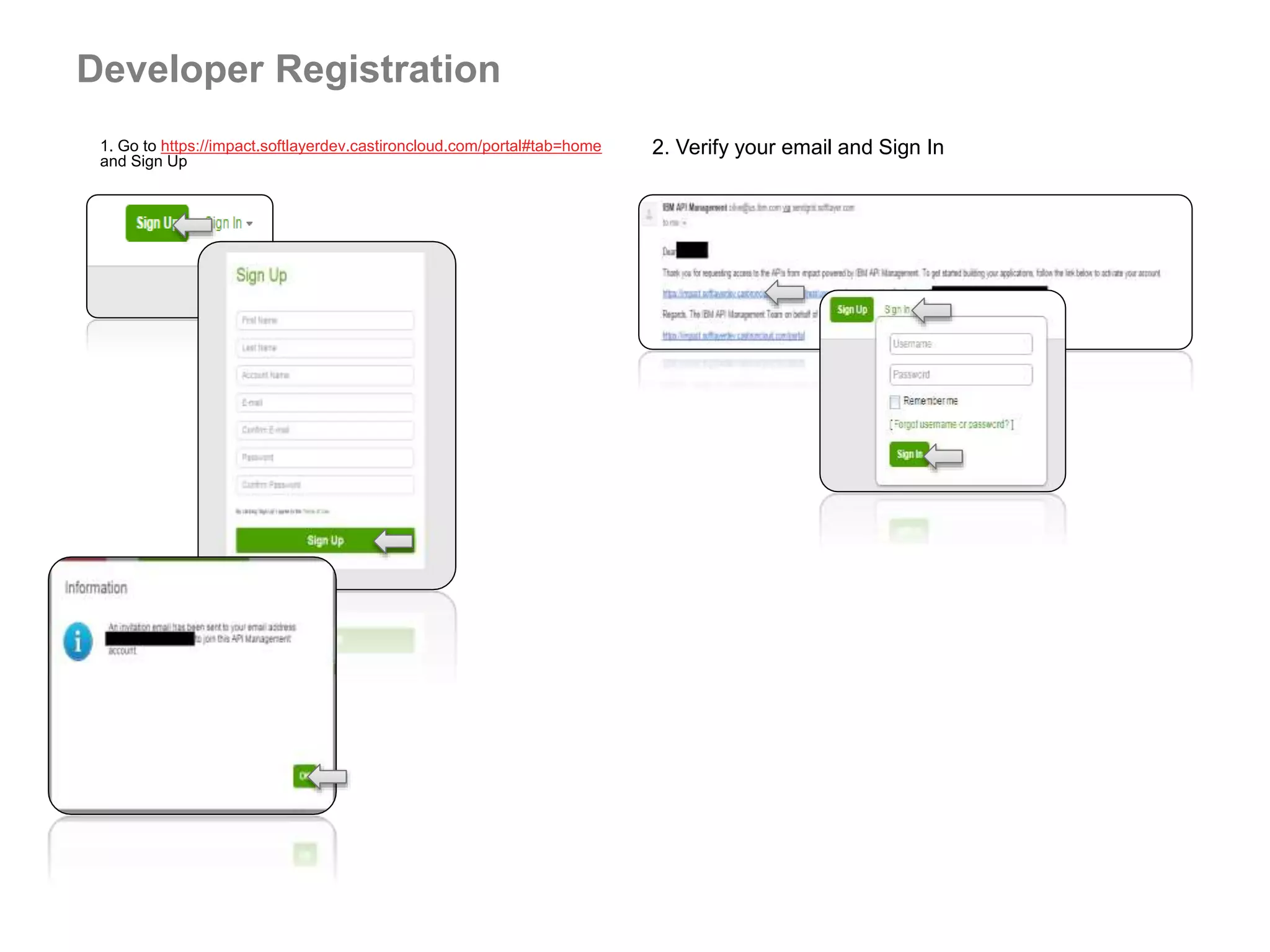 Developer Registration
1. Go to https://impact.softlayerdev.castironcloud.com/portal#tab=home
and Sign Up
2. Verify your email and Sign In
 