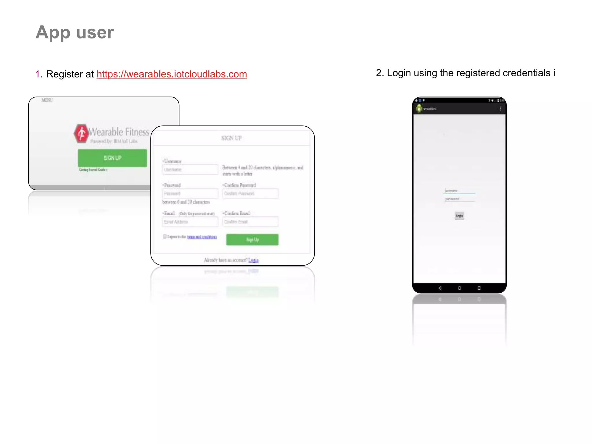 App user
1. Register at https://wearables.iotcloudlabs.com 2. Login using the registered credentials i
 