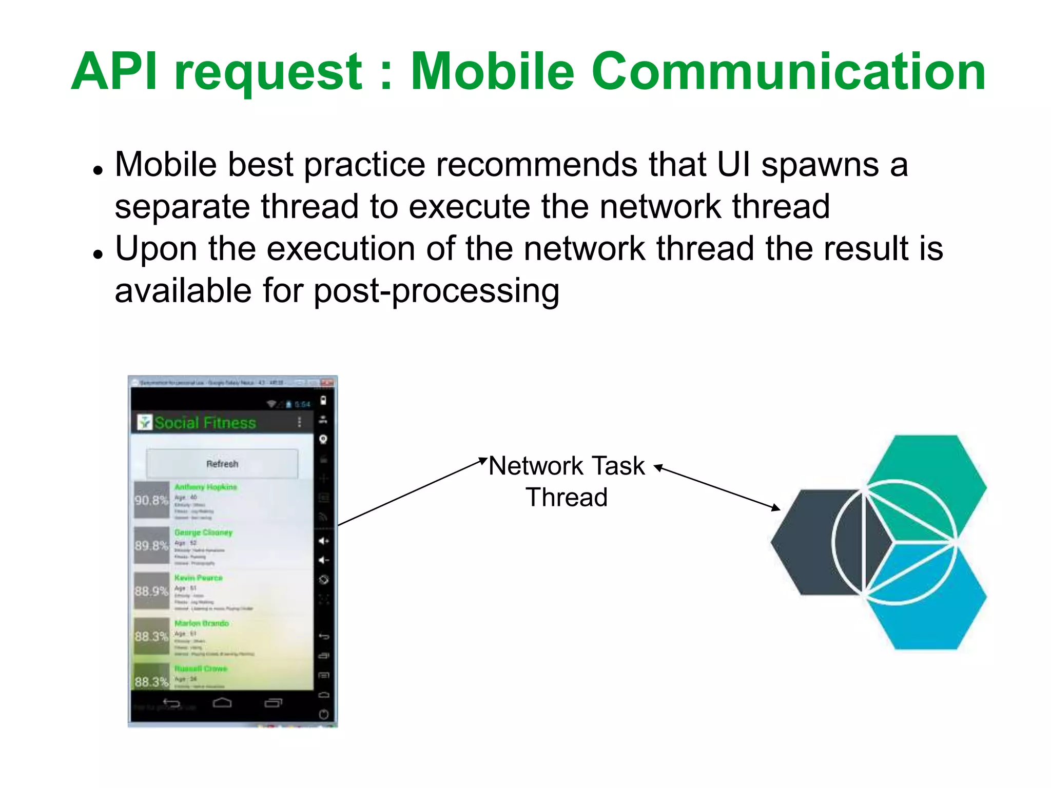 API request : Mobile Communication
 Mobile best practice recommends that UI spawns a
separate thread to execute the network thread
 Upon the execution of the network thread the result is
available for post-processing
Network Task
Thread
 