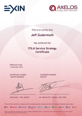 This is to certify that
Jeff Gudermuth
Has achieved the
ITIL® Service Strategy
Certificate
Effective from
1 December 2016
Certificate number Candidate Number
5663918.20606039 5663918
Abid Ismail, CEO, AXELOS drs. Bernd W.E. Taselaar, CEO, EXIN
This certificate remains the property of the issuing Examination Institute and shall be returned immediately upon request.
AXELOS, the AXELOS logo, the AXELOS swirl logo, ITIL, PRINCE2, PRINCE2 AGILE, MSP, M_o_R, P3M3, P3O, MoP and MoV are registered trade marks of AXELOS
Limited. RESILIA is a trade mark of AXELOS Limited.
 