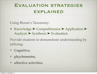 Evaluation strategies
explained
Using Bloom’s Taxonomy:
• Knowledge ➤ Comprehension ➤ Application ➤
Analysis ➤ Synthesis ➤ Evaluation.
Provide students to demonstrate understanding by
utilizing:
• Cognitive,
• phychomotor,
• affective activities.
Saturday, 21 November, 15
 