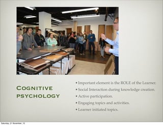 Cognitive
psychology
•Important element is the ROLE of the Learner.
•Social Interaction during knowledge creation.
•Active participation.
•Engaging topics and activities.
•Learner initiated topics.
Saturday, 21 November, 15
 