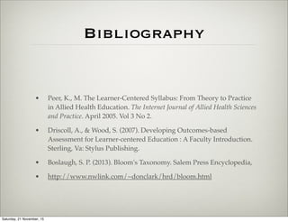 Bibliography
• Peer, K., M. The Learner-Centered Syllabus: From Theory to Practice
in Allied Health Education. The Internet Journal of Allied Health Sciences
and Practice. April 2005. Vol 3 No 2.
• Driscoll, A., & Wood, S. (2007). Developing Outcomes-based
Assessment for Learner-centered Education : A Faculty Introduction.
Sterling, Va: Stylus Publishing.
• Boslaugh, S. P. (2013). Bloom's Taxonomy. Salem Press Encyclopedia,
• http://www.nwlink.com/~donclark/hrd/bloom.html
Saturday, 21 November, 15
 