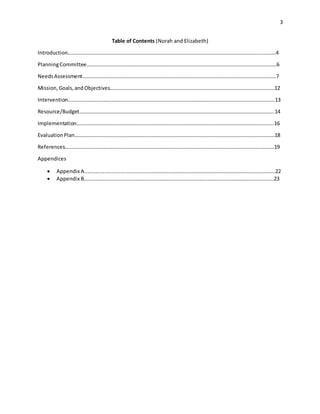 3
Table of Contents (Norah and Elizabeth)
Introduction……………………………………………………………………………………………………………………………………………4
PlanningCommittee……………………………………………………………………………………………………………………………….6
NeedsAssessment………………………………………………………………………………………………………………………………….7
Mission,Goals,andObjectives………………………………………………………………………………………………………………12
Intervention…………………………………………………………………………………………………………………………………………..13
Resource/Budget…………………………………………………………………………………………………………………………………..14
Implementation…………………………………………………………………………………………………………………………………….16
EvaluationPlan………………………………………………………………………………………………………………………………………18
References…………………………………………………………………………………………………………………………………………….19
Appendices
 Appendix A.............................................……………………………………………………………………………………22
 Appendix B………………………………………………………………………………….……………………………………………23
 