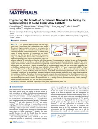 Engineering the Growth of Germanium Nanowires by Tuning the
Supersaturation of Au/Ge Binary Alloy Catalysts
Colm O’Regan,†,‡
Subhajit Biswas,†,‡
Curtis O’Kelly,§,‡
Soon Jung Jung,§,‡
John J. Boland,§,‡
Nikolay Petkov,†,‡
and Justin D. Holmes*,†,‡
†
Materials Chemistry & Analysis Group, Department of Chemistry and the Tyndall National Institute, University College Cork, Cork,
Ireland.
‡
Centre for Research on Adaptive Nanostructures and Nanodevices (CRANN) and §
School of Chemistry, Trinity College Dublin,
Dublin 2, Ireland.
*S Supporting Information
ABSTRACT: The synthesis of Ge nanowires with very high-
aspect ratios (greater than 1000) and uniform crystal growth
directions is highly desirable, not only for investigating the
fundamental properties of nanoscale materials but also for
fabricating integrated functional nanodevices. In this article, we
present a unique approach for manipulating the super-
saturation, and thus the growth kinetics, of Ge nanowires
using Au/Ge bilayer ﬁlms. Ge nanowires were synthesized on
substrates consisting of two parts: a Au ﬁlm on one-half of a Si
substrate and a Au/Ge bilayer ﬁlm on the other half of the substrate. Upon annealing the substrate, Au and Au/Ge binary alloy
catalysts were formed on both the Au and Au/Ge-sides of the substrates, respectively, under identical conditions. The mean
lengths of Ge nanowires produced were found to be signiﬁcantly longer on the Au/Ge bilayer side of the substrate compared to
the Au-coated side, as a result of a reduced incubation time for nucleation on the bilayer side. The mean length and growth rate
on the bilayer side (with a 1 nm Ge ﬁlm) was found to be 5.5 ± 2.3 μm and 3.7 × 10−3
μm s−1
, respectively, and 2.7 ± 0.8 μm
and 1.8 × 10−3
μm s−1
for the Au ﬁlm. Additionally, the lengths and growth rates of the nanowires further increased as the
thickness of the Ge layer in the Au/Ge bilayer was increased. In-situ TEM experiments were performed to probe the kinetics of
Ge nanowire growth from the Au/Ge bilayer substrates. Diﬀraction contrast during in situ heating of the bilayer ﬁlms clariﬁed the
fact that thinner Ge ﬁlms, that is, lower Ge concentration, take longer to alloy with Au than thicker ﬁlms. Phase separation was
also more signiﬁcant for thicker Ge ﬁlms upon cooling. The use of binary alloy catalyst particles, instead of the more commonly
used elementary metal catalyst, enabled the supersaturation of Ge during nanowire growth to be readily tailored, oﬀering a
unique approach to producing very long high aspect ratio nanowires.
KEYWORDS: nanowires, germanium, vapor−liquid−solid growth, supersaturation, growth rate
■ INTRODUCTION
One-dimensional (1D) semiconductor nanowires have stimu-
lated much interest in the past number of decades because of
their potential use as building blocks for assembling nanoscale
devices and architectures.1−3
While Si has been the material of
choice for many years for nanoscale electronic devices,1
there
has recently been a renewed interest in Ge4−7
for applications
such as nanoelectromechanical systems (NEMS),8,9
lithium-ion
batteries,10−12
ﬁeld eﬀect transistors (FETs),13
and photo-
voltaics.14
Like Si, Ge is a Group 14 semiconductor material
and exhibits certain properties that are superior to those of Si,
including a higher charge carrier mobility15
and a larger Bohr
exciton radius, leading to more pronounced quantum conﬁne-
ment eﬀects at higher dimensions.16
Notably, the many
parallels between Si and Ge should allow the seamless
integration of Ge into current Si based devices.
The vapor−liquid−solid (VLS) method is the most
recognized approach for synthesizing Ge nanowires, allowing
control over morphology and aspect ratio. The synthesis of
high aspect ratio Ge nanowires with diameters between 10 and
20 nm and lengths in the micrometer and even millimeter
regime is of practical importance for the development of
multiple device structures using individual nanowires. Long Ge
nanowires, with high aspect ratios, can potentially be achieved
by manipulating the rate determining step of VLS growth.
Previous reports have highlighted that the incorporation of
growth species (via the vapor phase) at the liquid−vapor
interface17−19
and the crystallization of nanowires at the
liquid−solid interface20
can both act as potential rate
determining steps in the VLS mechanism. While both the
incorporation and the crystallization steps play a role in
determining the overall rate of nanowire growth, the
Received: April 19, 2013
Revised: July 2, 2013
Article
pubs.acs.org/cm
© XXXX American Chemical Society A dx.doi.org/10.1021/cm401281y | Chem. Mater. XXXX, XXX, XXX−XXX
 