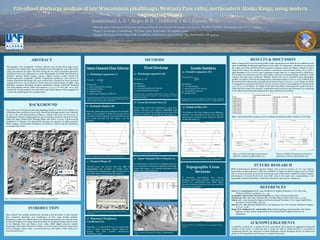 Paleoflood discharge analysis of late Wisconsinan jökulhlaups, Mentasta Pass valley, northeastern Alaska Range, using modern
engineering theory
1 Mining and Geological Engineering Department, University of Alaska Fairbanks, PO Box 755800, Fairbanks, AK 99775-5800;
2 Reger’s Geologic Consulting, PO Box 3326, Soldotna, AK 99669-3326;
3 Alaska Division of Geological & Geophysical Surveys, 3354 College Rd., Fairbanks, AK 99709
Southerland, L. E. 1, Reger, R. D. 2, Hubbard, T. D. 3, Darrow, M. M.1
ABSTRACT
Physiographic and stratigraphic evidence indicates that during flood-surge events,
meltwater from Glacial Lake Atna periodically poured through the lower Slana River
valley and entered the upper Tok River during the last major (Donnelly) glaciation.
Paleoflood levels were interpreted on aerial photographs and IfSAR (Interferometric
Synthetic Aperture Radar) imagery. Using a digital elevation model, ArcGIS and
Grapher-generated topographic profiles, engineering parameters were derived to
estimate paleoflood discharges and open-channel flow velocities for flood elevations
ranging from 673 to 761 m (relative to North American Vertical Datum of 1988), using
Manning’s equation. Manning’s equation calculations indicate paleoflood discharge
and open-channel velocity values were between ~4.3-7.5 x 106 m3/s and ~32-37 m/s,
respectively. Froude numbers were calculated, and results indicate values ranging from
1.15 and 1.18, classifying the flow as supercritical.
Open-Channel Flow Velocity Flood Discharge Froude Numbers
1a. Manning’s equation (v)
Formula: v = R2/3S1/2
n
Parameters :
v = open-channel flow velocity
R = hydraulic radius
S = channel slope
n = Manning’s roughness coefficient
2a. Discharge equation (Q)
Formula: Q = Av
Parameters:
Q = discharge
A = cross-sectional area of channel
v = open-channel flow velocity
3a. Froude’s equation (Fr)
Formula: Fr = v___
(gD)1/2
Parameters:
Fr = Froude number
v = open-channel flow velocity
g = acceleration of gravity
D = depth of flow
Manning’s equation describes velocity of water through a channel at
a given cross-sectional location along that channel. Slope, cross-
sectional length, and area must be determined.
Volumetric flow, or discharge, characterizes the flow as steady or
unsteady. Discharge is the amount of water traveling past a certain
point in the channel.
Froude numbers serve as a classification system of flow magnitude.
Classification can be subcritical (<1), critical (~1), or supercritical (>1).
Topographic Cross
Sections
To determine open-channel flow velocity,
discharge, and Froude numbers, cross-sectional
profiles were interpolated from IfSAR digital
elevation models provided for the study area (See
Figure 8 as an example).
1b. Hydraulic Radius (R)
Hydraulic radius along the profile line describes the
radius of the channel in which flow occurs and is
calculated by the division of cross-sectional area (A)
and wetted perimeter (P) (See Figure 2 for an
example).
1c. Channel Slope (S)
Channel slope was derived from the Add Z
Information tool provided in ArcMap, inter-
polating and averaging slope values along lines in
the center of the flood channel (See Figure 3).
1d. Manning’s Roughness
Coefficient (n)
Manning’s n is determined from an engineering
table of values describing channel vegetation,
geology, and other possible obstructions
(Henderson, 1966).
2b. Cross-Sectional Area (A)
Flood height levels were determined using topo-
graphic indicators and Grapher’s Calculate Area
function was utilized to calculate the area below the
flood level and above the profile line (See Figure 4).
2c. Open-Channel Flow Velocity (v)
As determined in the previous calculation process,
open-channel flow velocity is essential for discharge
output (See Figure 5 for example calculations and
Figure 6 for 3 cross sections).
3b. Depth of flow (D)
The height of the flood channel is the difference
between the determined flood level and the
bottom-most elevation point along the channel
profile (See Figure 7).
Figure 8. Profile E-E’ east of Mentasta Pass, perpendicular to flood
channel.
INTRODUCTION
METHODS RESULTS & DISCUSSION
FUTURE RESEARCH
REFERENCES
BACKGROUND
The study area of the Glacial Lake Atna jokulhlaup floods is south of Tok, Alaska, east
of Mentasta Pass and Station Creek valley. Paleoflood discharge analysis was conducted
on one of the main flood pathways (Figure 1). Glacial Lake Atna was the source of
flooding that removed existing glacial ice and eventually poured into the Station Creek
valley and upper Tanana River drainage (Reger and others, in prep.). Flood scouring
distribution of deposits, and mineral lake moraines are apparent on high-resolution
IfSAR imagery, and deposits identified in the field are evidence that the jokulhlaups
were large-scale events.
Open-channel flow analysis includes the calculation and derivation of open-channel
flow, volumetric discharge, and classification of flow using Froude numbers
(Henderson, 1966). Our analysis shows the calculation parameters were derived using
ArcGIS and Grapher 10 to output theoretical values for the glacial outburst flood events
in the Mentasta Pass and Station Creek valley. IfSAR digital elevation models
(Geographic Information Network of Alaska, 2012) were used to determine parameters
such as hydraulic radius, slope, cross-sectional area, and depth of flow along cross
sectional profile lines.
When comparing the cross-sectional profile results, assumptions were made about conditions at the
time of jokulhlaup flooding through Station Creek valley. For preliminary calculations we assumed
the valley was ice-free and flood levels represent maximum values (see Table 1). Based on open-
channel flow theory, the calculations indicate a maximum cross-sectional velocity of 37.3 m/s, a
peak discharge of 6.6 x 106 m3/s, and a maximum Froude value of 1.21 (supercritical or rapid flow).
Flood values are maximums and the valley likely contained ice during flooding, resulting in flood
volumes less than those calculated. Multiple flood levels can be identified using topographic
profiles. In profile E, flood levels changed from a maximum height of 756 m to a low of 680 m from
the bottom of the channel, decreasing the flood velocity from 37.3 m/s to 12.4 m/s (Figure 9). Profile
F changed from a maximum flood level of 761 m to a low of 673 m, decreasing flood velocities from
37.4 m/s to 11.7 m/s (Figure 10). Higher flood levels most likely overestimate the actual velocity at
which the flood waters were moving. Consideration must be given to the thickness of ice remaining
in the valley bottom during flooding and the impact this had on flood flow.
Table 1. Open channel flow analysis results of multiple interpolated profiles in Station Creek Valley.
IfSAR (Interferometric Synthetic Aperture Radar), with a vertical accuracy of 2 m, was used for
interpolation in this study area. With the availability of higher resolution imagery, such as LiDAR
with 1 m vertical accuracy, more precise calculations can be performed. In addition to better imagery,
determination of actual flood levels from field work in the study area corresponding to the
topographic profiles would help to confirm flood levels for more precise calculations.
Figure 6. 3D view of the Station Creek valley on IfSAR hillshade
image.
Figure 1. IfSAR hillshade showing study area location and jokulhlaup paleoflow direction.
Figure 9. Profile E showing the potential ice
depth that could have affected flow rate.
Figure 10. Profile F showing the potential ice
depth that could have affected flow rate.
Davis, C.V., and Sorensen, K.E., 1969, Handbook of Applied Hydraulics, 3rd ed. :New York,
McGraw-Hill Book Company, p. 5-1 – 5-9.
Geographic Information Network of Alaska, 2012, http://ifsar.gina.alaska.edu/
Henderson, F.M., 1966, Open Channel Flow. The Macmillan Company. New York. p. 12-103.
Kehew, A.E., 2006, Geology for Engineers & Environmental Scientists, 3rd ed.: Upper Saddle River,
New Jersey. Prentice Hall. p. 554-557.
Merritt, F.S., 1968, Standard Handbook for Civil Engineers: New York, McGraw-Hill Book Company,
p. 21-47 – 21-48.
Reger, R.D., Hubbard, T.D., and Koehler, R.D., Surficial geology and geohazards in the Alaska
Highway corridor, Alaska. Alaska Division of Geological and Geophysical Surveys. In
preparation.
Figure 2. Hydraulic radius for profile line E-E’ indicated in red.
Figure 4. Cross sectional area of profile F-F’.
Figure 7. Maximum and minimum points used to calculate depth.
ACKNOWLEDGEMENTS
I would like to thank my co-authors for their contribution and constructive suggestions during the
creation of this poster. I would also like to thank the staff of Alaska Division of Geological &
Geophysical Surveys, the University of Alaska Fairbanks, and the Geological Society of America for
giving me this opportunity and resources to complete this project.
Figure 3. ArcMap-derived slope profile along the center of Station
Creek valley.
Figure 5. Open-channel flow velocity calculations in Excel.
Profiles
cross sectional average velocity (V)
(m/s) Discharge (Q) = V*A (m^3/s) Froude number
Profile E (756 m) 37.3 6.6 x 106 1.21
Profile E (739 m) 32.2 4.3 x 106 1.15
Profile E (727 m) 28.3 2.3 x 106 1.10
Profile E (680 m) 12.4 2.4 x 105 0.86
Profile F (761 m) 37.4 7.5 x 106 1.18
Profile F (742 m) 31.0 4.5 x 106 1.08
Profile F (710 m) 23.7 1.7 x 106 1.05
Profile F (673 m) 11.7 1.6 x 105 0.97
 