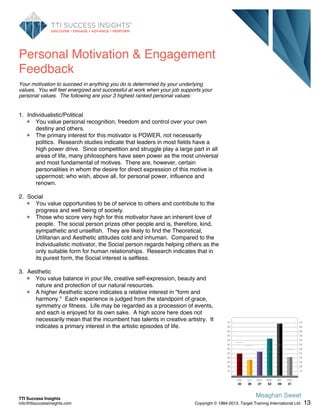 Personal Motivation & Engagement
Feedback
Your motivation to succeed in anything you do is determined by your underlying
values. You will feel energized and successful at work when your job supports your
personal values. The following are your 3 highest ranked personal values:
1. Individualistic/Political
You value personal recognition, freedom and control over your own
destiny and others.
The primary interest for this motivator is POWER, not necessarily
politics. Research studies indicate that leaders in most fields have a
high power drive. Since competition and struggle play a large part in all
areas of life, many philosophers have seen power as the most universal
and most fundamental of motives. There are, however, certain
personalities in whom the desire for direct expression of this motive is
uppermost; who wish, above all, for personal power, influence and
renown.
2. Social
You value opportunities to be of service to others and contribute to the
progress and well being of society.
Those who score very high for this motivator have an inherent love of
people. The social person prizes other people and is, therefore, kind,
sympathetic and unselfish. They are likely to find the Theoretical,
Utilitarian and Aesthetic attitudes cold and inhuman. Compared to the
Individualistic motivator, the Social person regards helping others as the
only suitable form for human relationships. Research indicates that in
its purest form, the Social interest is selfless.
3. Aesthetic
You value balance in your life, creative self-expression, beauty and
nature and protection of our natural resources.
A higher Aesthetic score indicates a relative interest in "form and
harmony." Each experience is judged from the standpoint of grace,
symmetry or fitness. Life may be regarded as a procession of events,
and each is enjoyed for its own sake. A high score here does not
necessarily mean that the incumbent has talents in creative artistry. It
indicates a primary interest in the artistic episodes of life.
15 15
20 20
25 25
30 30
35 35
40 40
45 45
50 50
55 55
60 60
65 65
70 70
35 28 37 52 69 31
THE. UTI. AES. SOC. IND. TRA.
13
Meaghan Sweet
Copyright © 1984-2013. Target Training International Ltd.
TTI Success Insights
info@ttisuccessinsights.com
 