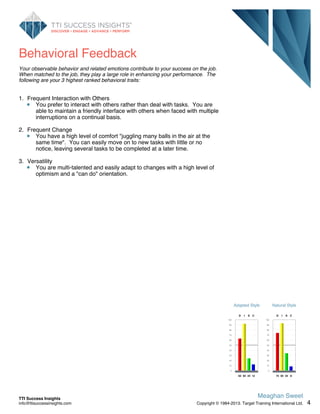 Behavioral Feedback
Your observable behavior and related emotions contribute to your success on the job.
When matched to the job, they play a large role in enhancing your performance. The
following are your 3 highest ranked behavioral traits:
1. Frequent Interaction with Others
You prefer to interact with others rather than deal with tasks. You are
able to maintain a friendly interface with others when faced with multiple
interruptions on a continual basis.
2. Frequent Change
You have a high level of comfort "juggling many balls in the air at the
same time". You can easily move on to new tasks with little or no
notice, leaving several tasks to be completed at a later time.
3. Versatility
You are multi-talented and easily adapt to changes with a high level of
optimism and a "can do" orientation.
Adapted Style
100
90
80
70
60
50
40
30
20
10
0
D
63
I
92
S
24
C
12
Natural Style
100
90
80
70
60
50
40
30
20
10
0
D
74
I
93
S
34
C
8
4
Meaghan Sweet
Copyright © 1984-2013. Target Training International Ltd.
TTI Success Insights
info@ttisuccessinsights.com
 