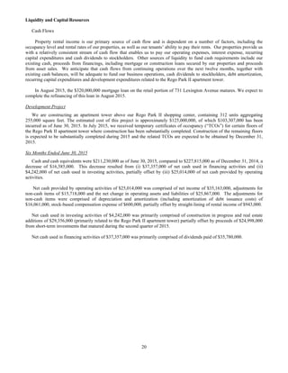 20
Liquidity and Capital Resources
Cash Flows
Property rental income is our primary source of cash flow and is dependent on a number of factors, including the
occupancy level and rental rates of our properties, as well as our tenants’ ability to pay their rents. Our properties provide us
with a relatively consistent stream of cash flow that enables us to pay our operating expenses, interest expense, recurring
capital expenditures and cash dividends to stockholders. Other sources of liquidity to fund cash requirements include our
existing cash, proceeds from financings, including mortgage or construction loans secured by our properties and proceeds
from asset sales. We anticipate that cash flows from continuing operations over the next twelve months, together with
existing cash balances, will be adequate to fund our business operations, cash dividends to stockholders, debt amortization,
recurring capital expenditures and development expenditures related to the Rego Park II apartment tower.
In August 2015, the $320,000,000 mortgage loan on the retail portion of 731 Lexington Avenue matures. We expect to
complete the refinancing of this loan in August 2015.
Development Project
We are constructing an apartment tower above our Rego Park II shopping center, containing 312 units aggregating
255,000 square feet. The estimated cost of this project is approximately $125,000,000, of which $103,307,000 has been
incurred as of June 30, 2015. In July 2015, we received temporary certificates of occupancy (“TCOs”) for certain floors of
the Rego Park II apartment tower where construction has been substantially completed. Construction of the remaining floors
is expected to be substantially completed during 2015 and the related TCOs are expected to be obtained by December 31,
2015.
Six Months Ended June 30, 2015
Cash and cash equivalents were $211,230,000 as of June 30, 2015, compared to $227,815,000 as of December 31, 2014, a
decrease of $16,585,000. This decrease resulted from (i) $37,357,000 of net cash used in financing activities and (ii)
$4,242,000 of net cash used in investing activities, partially offset by (iii) $25,014,000 of net cash provided by operating
activities.
Net cash provided by operating activities of $25,014,000 was comprised of net income of $35,163,000, adjustments for
non-cash items of $15,718,000 and the net change in operating assets and liabilities of $25,867,000. The adjustments for
non-cash items were comprised of depreciation and amortization (including amortization of debt issuance costs) of
$16,061,000, stock-based compensation expense of $600,000, partially offset by straight-lining of rental income of $943,000.
Net cash used in investing activities of $4,242,000 was primarily comprised of construction in progress and real estate
additions of $29,356,000 (primarily related to the Rego Park II apartment tower) partially offset by proceeds of $24,998,000
from short-term investments that matured during the second quarter of 2015.
Net cash used in financing activities of $37,357,000 was primarily comprised of dividends paid of $35,780,000.
 