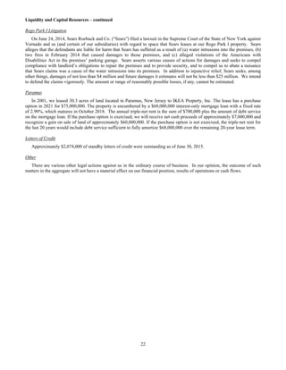 22
Liquidity and Capital Resources – continued
Rego Park I Litigation
On June 24, 2014, Sears Roebuck and Co. (“Sears”) filed a lawsuit in the Supreme Court of the State of New York against
Vornado and us (and certain of our subsidiaries) with regard to space that Sears leases at our Rego Park I property. Sears
alleges that the defendants are liable for harm that Sears has suffered as a result of (a) water intrusions into the premises, (b)
two fires in February 2014 that caused damages to those premises, and (c) alleged violations of the Americans with
Disabilities Act in the premises’ parking garage. Sears asserts various causes of actions for damages and seeks to compel
compliance with landlord’s obligations to repair the premises and to provide security, and to compel us to abate a nuisance
that Sears claims was a cause of the water intrusions into its premises. In addition to injunctive relief, Sears seeks, among
other things, damages of not less than $4 million and future damages it estimates will not be less than $25 million. We intend
to defend the claims vigorously. The amount or range of reasonably possible losses, if any, cannot be estimated.
Paramus
In 2001, we leased 30.3 acres of land located in Paramus, New Jersey to IKEA Property, Inc. The lease has a purchase
option in 2021 for $75,000,000. The property is encumbered by a $68,000,000 interest-only mortgage loan with a fixed rate
of 2.90%, which matures in October 2018. The annual triple-net rent is the sum of $700,000 plus the amount of debt service
on the mortgage loan. If the purchase option is exercised, we will receive net cash proceeds of approximately $7,000,000 and
recognize a gain on sale of land of approximately $60,000,000. If the purchase option is not exercised, the triple-net rent for
the last 20 years would include debt service sufficient to fully amortize $68,000,000 over the remaining 20-year lease term.
Letters of Credit
Approximately $2,074,000 of standby letters of credit were outstanding as of June 30, 2015.
Other
There are various other legal actions against us in the ordinary course of business. In our opinion, the outcome of such
matters in the aggregate will not have a material effect on our financial position, results of operations or cash flows.
 