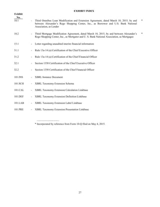 27
EXHIBIT INDEX
Exhibit
No.
10.1 - Third Omnibus Loan Modification and Extension Agreement, dated March 10, 2015, by and
between Alexander’s Rego Shopping Center, Inc., as Borrower and U.S. Bank National
Association, as Lender
*
10.2 - Third Mortgage Modification Agreement, dated March 10, 2015, by and between Alexander’s
Rego Shopping Center, Inc., as Mortgator and U. S. Bank National Association, as Mortgagee
*
15.1 - Letter regarding unaudited interim financial information
31.1 - Rule 13a-14 (a) Certification of the Chief Executive Officer
31.2 - Rule 13a-14 (a) Certification of the Chief Financial Officer
32.1 - Section 1350 Certification of the Chief Executive Officer
32.2 - Section 1350 Certification of the Chief Financial Officer
101.INS - XBRL Instance Document
101.SCH - XBRL Taxonomy Extension Schema
101.CAL - XBRL Taxonomy Extension Calculation Linkbase
101.DEF - XBRL Taxonomy Extension Definition Linkbase
101.LAB - XBRL Taxonomy Extension Label Linkbase
101.PRE - XBRL Taxonomy Extension Presentation Linkbase
_________________
* Incorporated by reference from Form 10-Q filed on May 4, 2015.
 