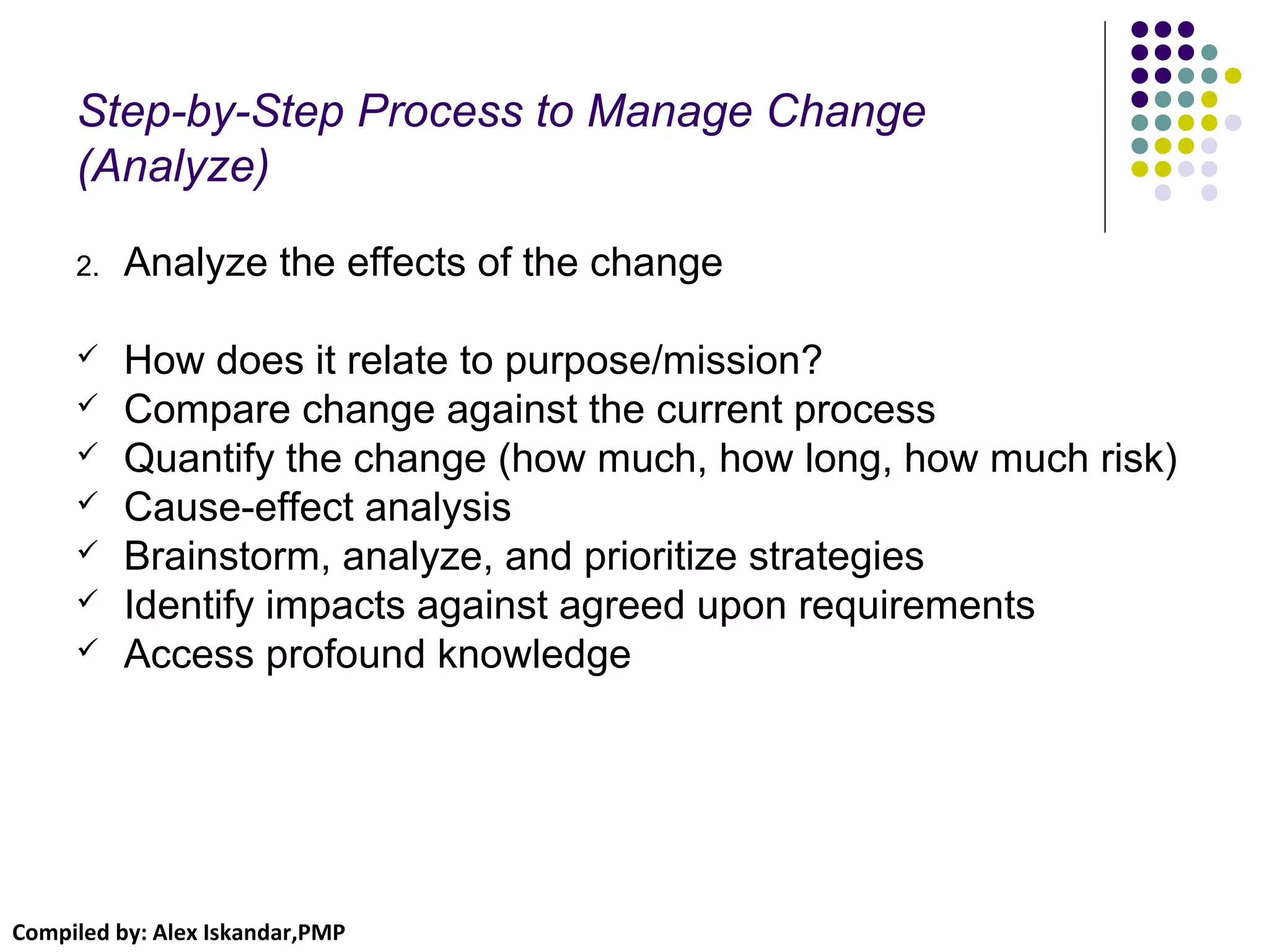 Compiled by: Alex Iskandar,PMP
Step-by-Step Process to Manage Change
(Analyze)
2. Analyze the effects of the change
 How does it relate to purpose/mission?
 Compare change against the current process
 Quantify the change (how much, how long, how much risk)
 Cause-effect analysis
 Brainstorm, analyze, and prioritize strategies
 Identify impacts against agreed upon requirements
 Access profound knowledge
 